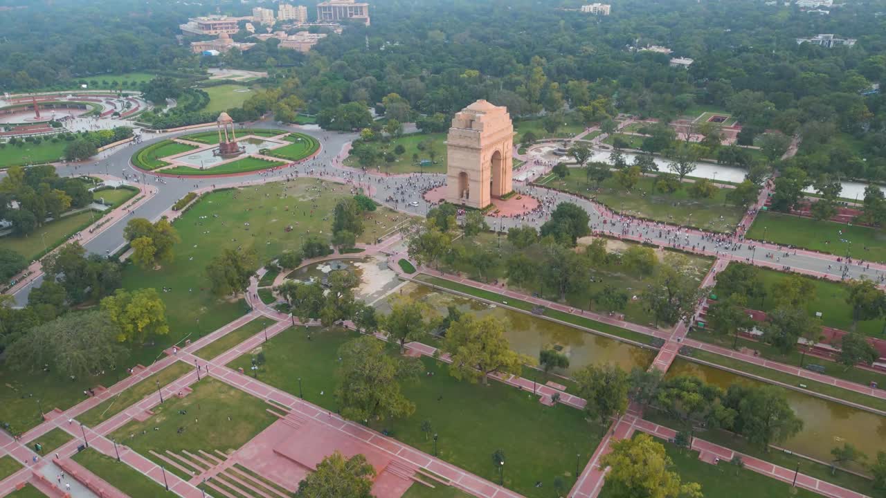 Aerial View of India Gate and its surrounding park in New Delhi, India