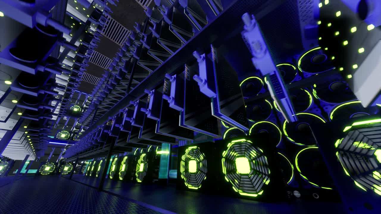 animación 3d de equipos de minería en bastidores de soporte minero criptomoneda en contenedor de acero. aplicación de tecnología blockchain específico centro de datos de circuitos integrados. luces de sala de servidores.