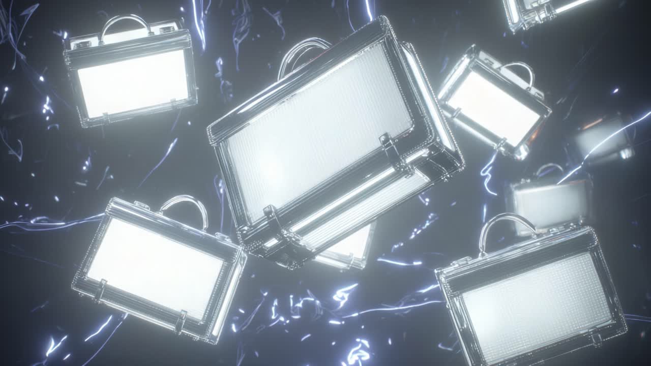 A mesmerizing display of floating transparent cases amidst an enigmatic dark backdrop, showcasing a captivating blend of light and shadow, creating an atmosphere charged with mystery and intrigue