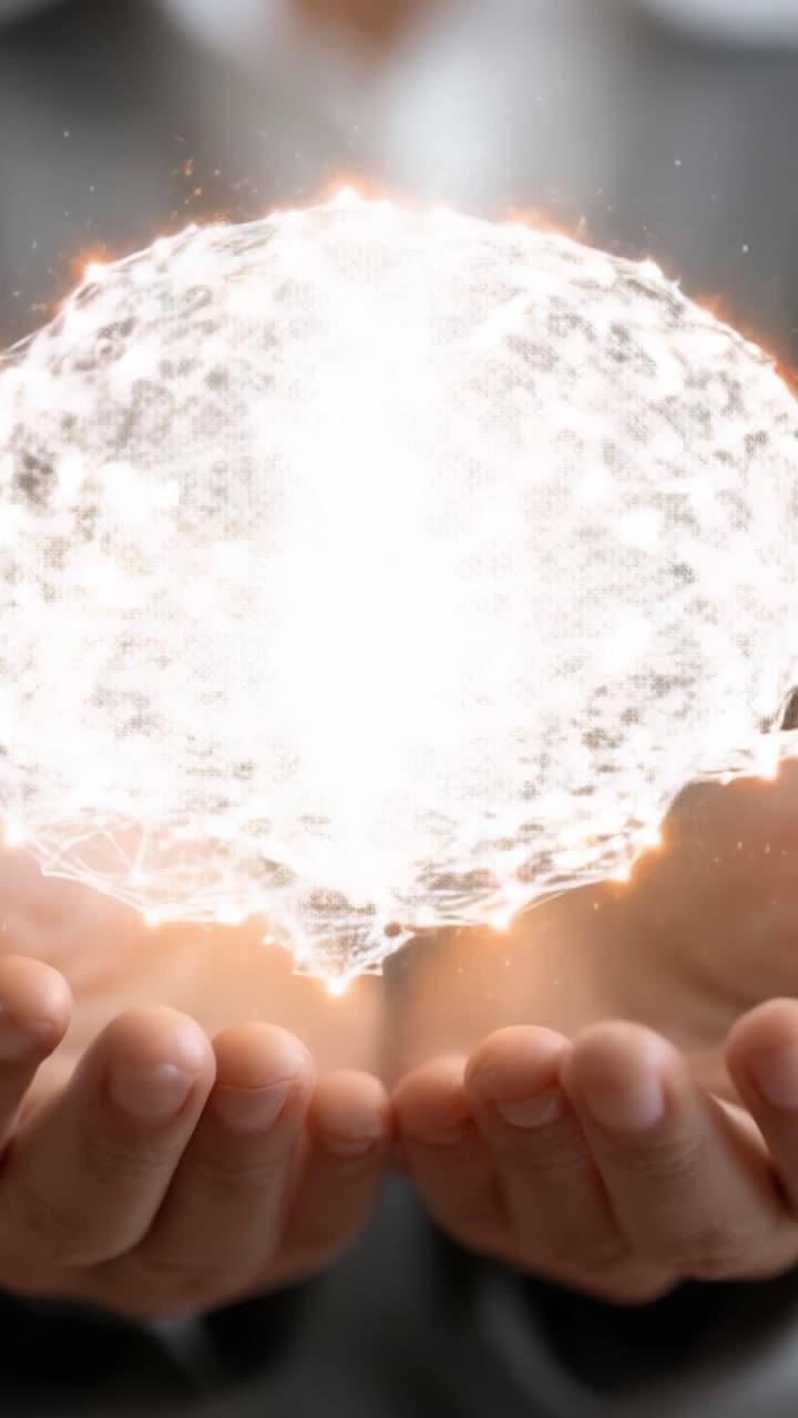 La convergenza delle idee: una rappresentazione visiva dell'innovazione e della connettività mentre reti illuminate emergono da mani tese in un'ambientazione futuristica