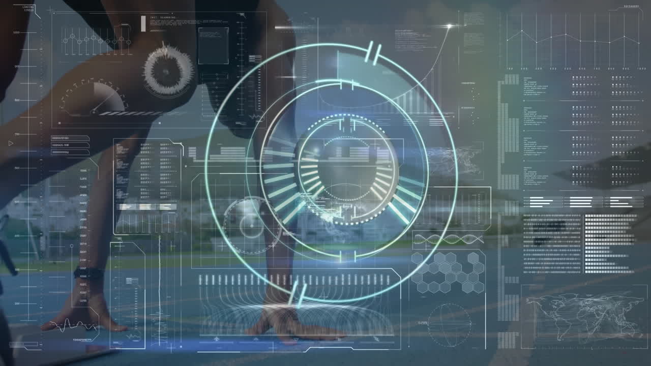 animación del procesamiento de datos sobre corredor masculino caucásico y escaneo de alcance.