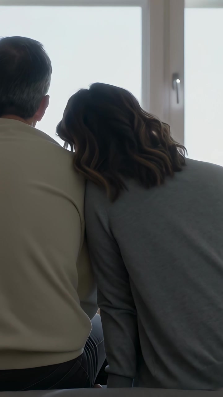 Vertical video: Leaning woman resting on man seeking comfort at home window seat wearing sweaters