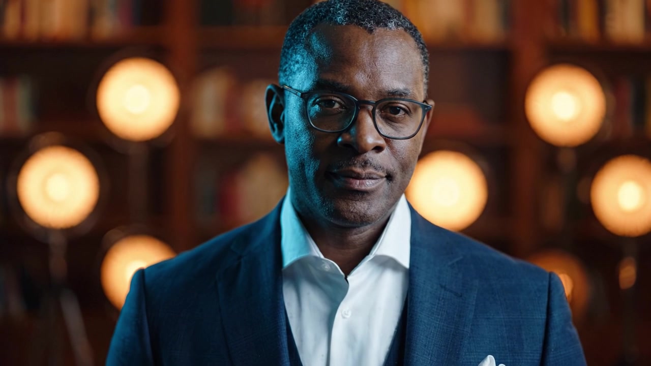 A Confident Professional Man in a Classy Blue Suit with Glasses Posing Against a Warm, Ambient Background of Bookshelves and Soft Golden Lighting
