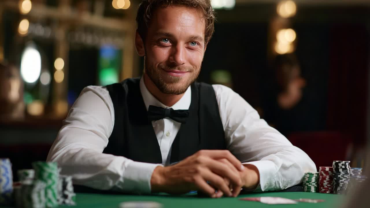In a high-stakes poker environment, a suave dealer with a charming smile engages with players, skillfully managing cards and chips while creating a captivating atmosphere of suspense and excitement