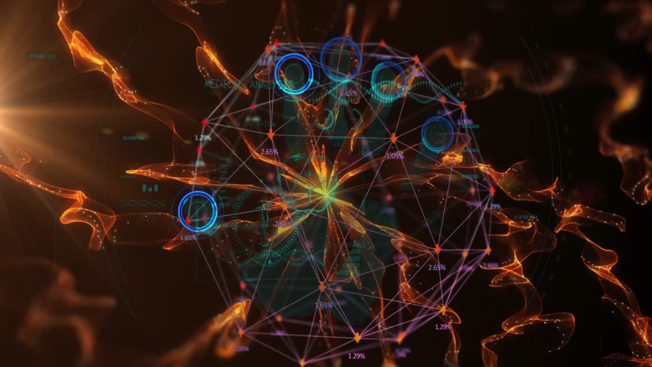 Animation of hand with fingerprints over shapes and globe of connections on black background