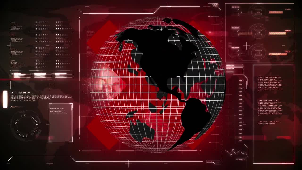 animación del globo girando sobre la interfaz con procesamiento de datos y rojo x