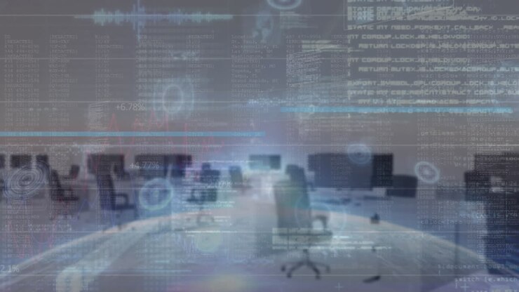Animation af en rund scanner og databehandling over et tomt kontor mod en globus i rummet.