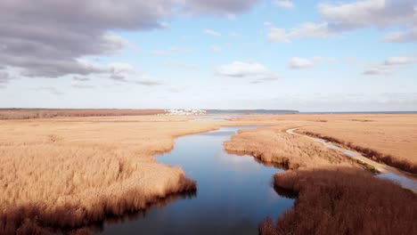 at the bird watching point, the drone is flying by the stream from the air turkey