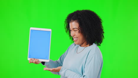 happy woman, tablet and show mockup on green