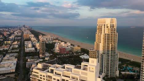 Aerial-shot-of-tall-skyscraper-buildings-in-downtown-Miami-port-area