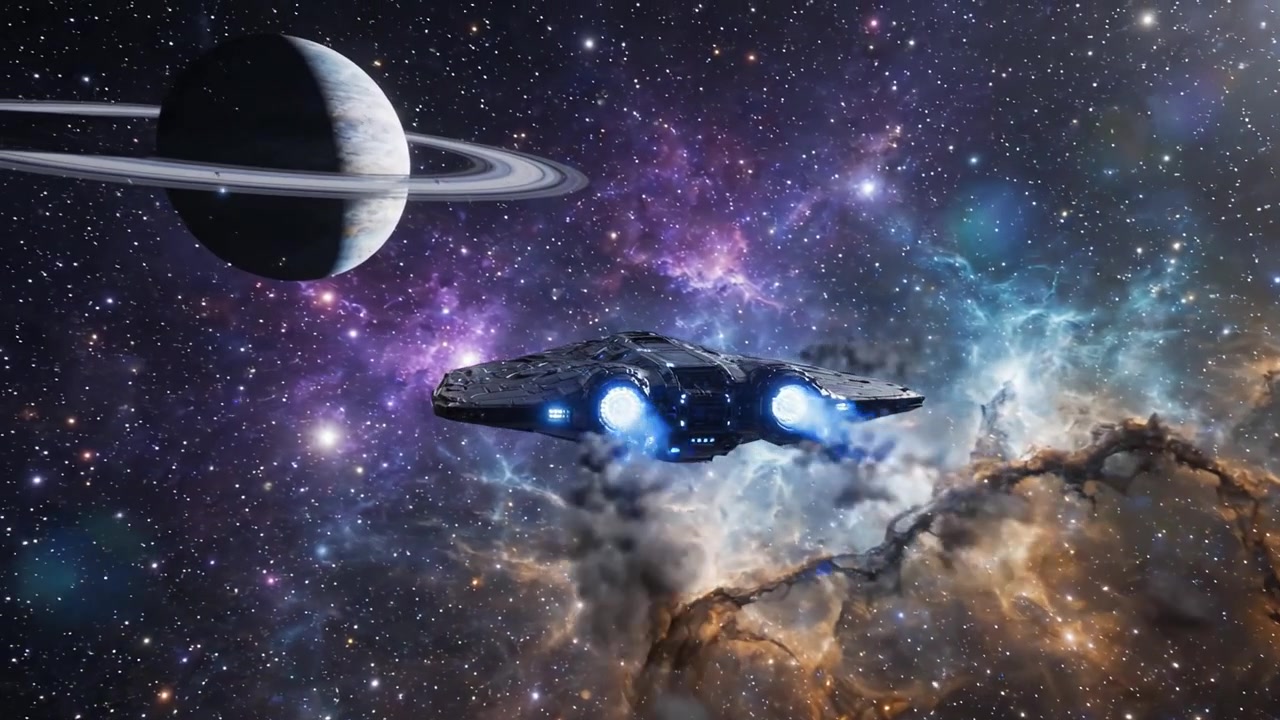 Upea matka avaruudessa: Futuristinen tähtialus navigoi sumujen, planeettojen ja tähtien kosmisten ihmeiden läpi upeassa scifi-kohtauksessa