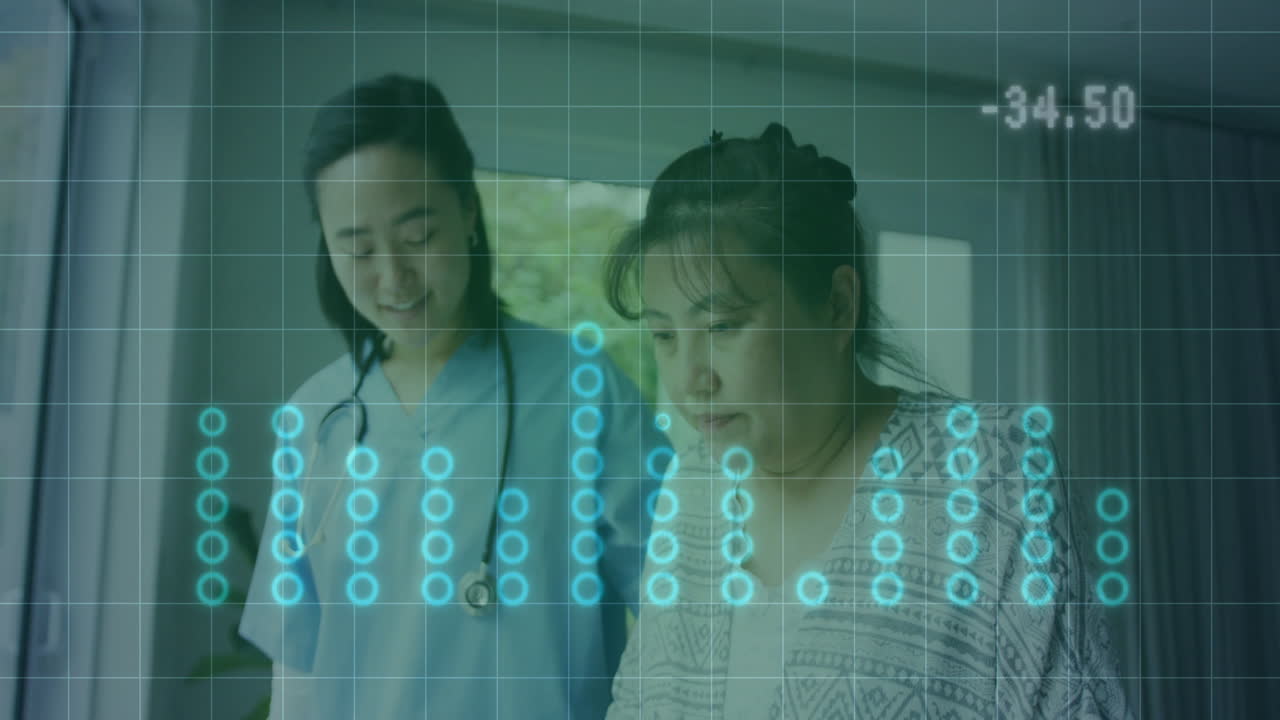Nurse wearing stethoscope observing patient while digital bar chart tracking health data in clinic