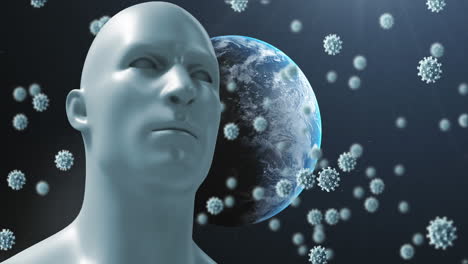 animation of covid 19 cells floating over human bust and planet earth