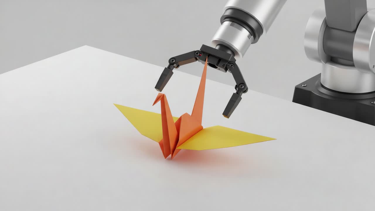 A Robotic Arm Skillfully Manipulates a Colorful Origami Crane, Showcasing the Intersection of Technology and Artistry in Modern Robotics