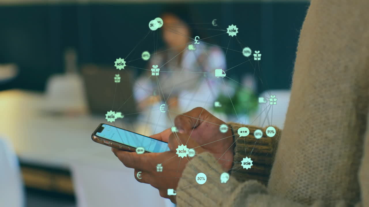 animación del globo de la red de conexiones con iconos sobre mujer afroamericana usando teléfono inteligente