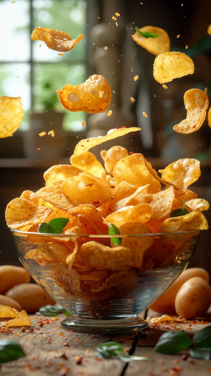 Crispy potato chips flying in the air. A bowl of crunchy potato chips is surrounded by flying chips and scattered green leaves, making for a lively snack.