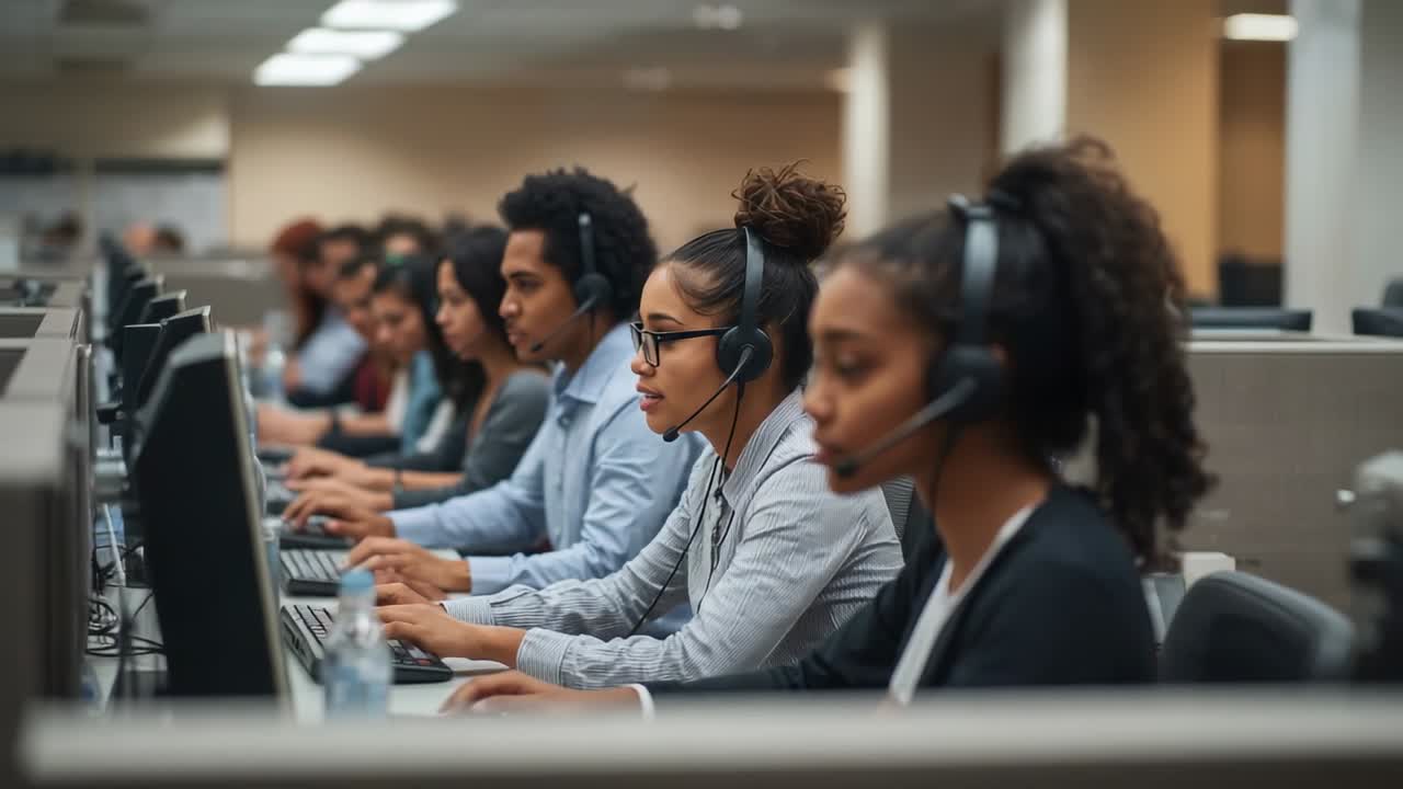 Typing agent in buttoned shirt, glasses, speaking into headset at call center, camera pulling back