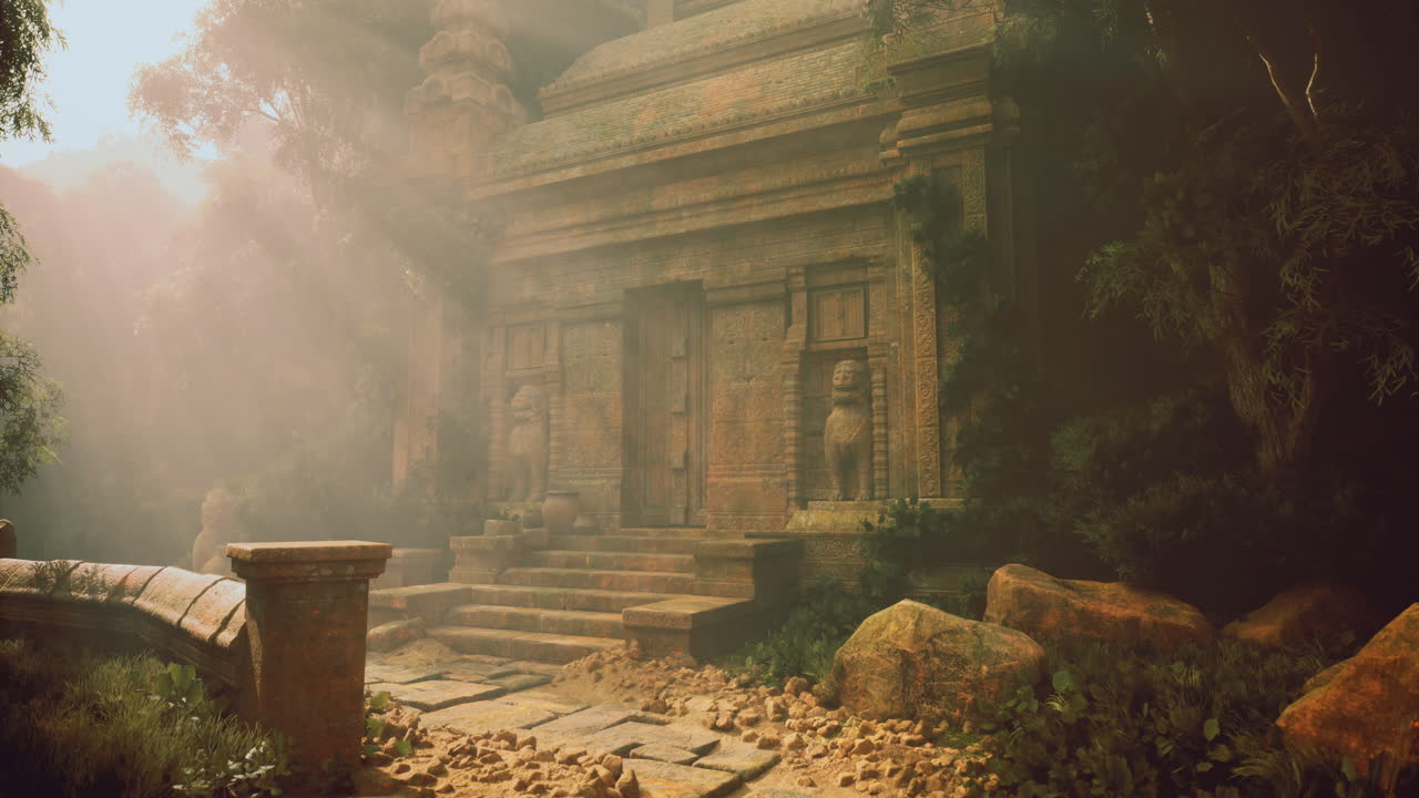 Antico tempio nascosto in una vegetazione lussureggiante durante l'ora d'oro