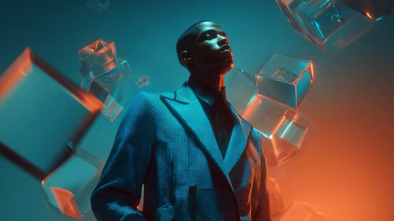 En stilfuld model poserer selvsikkert midt i flydende, abstrakte kuber i en futuristisk setting med stærk belysning, der skaber en slående visuel kontrast mellem varme og kølige toner, indfanget i et dynamisk portræt