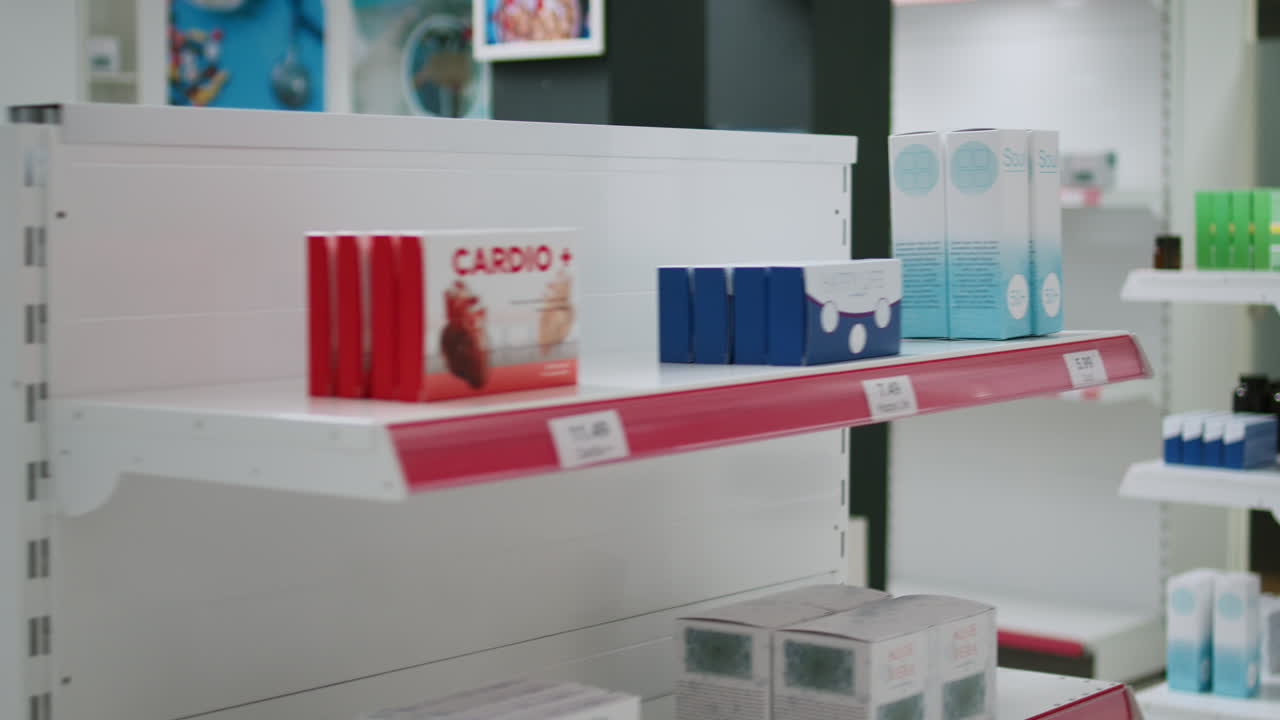 Pharmacy shelves with medicine and healthcare products