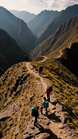 hikers on the inca trail, andes mountains