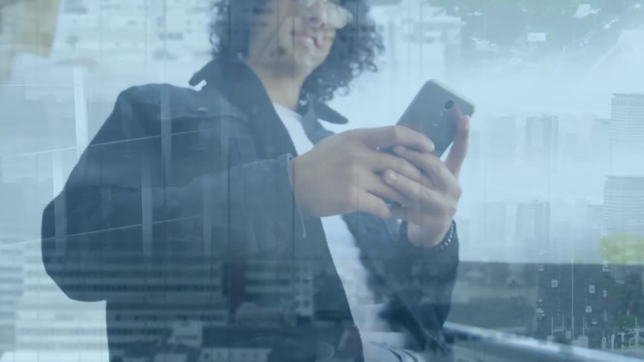Animation of man using smartphone over cityscape