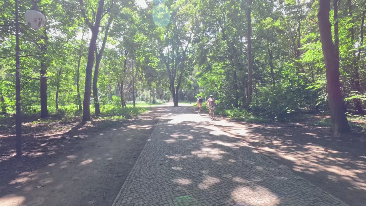 A cyclist moves along a tree-lined park path in Berlin on a sunny summer day, with dappled sunlight and steady forward camera movement