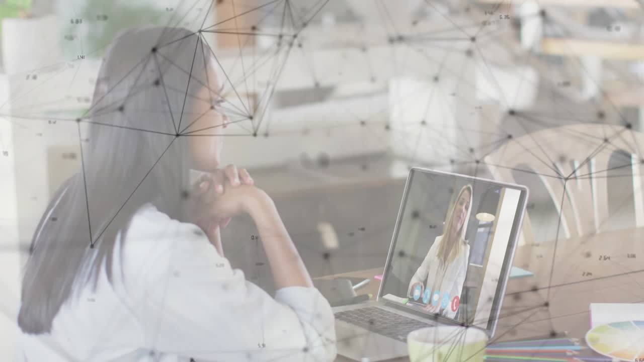 Woman joining remote business call in home office, showing network node overlay connecting devices