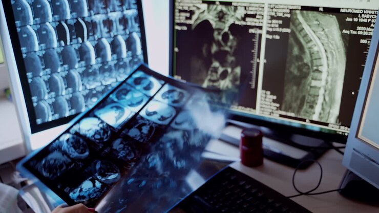 Dottore che guarda le radiografie. Dottore che esamina la pellicola radiografica del torace di un paziente in ospedale