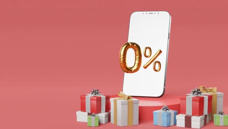 smartphone displaying golden 0 % beside assorted gift boxes on red background