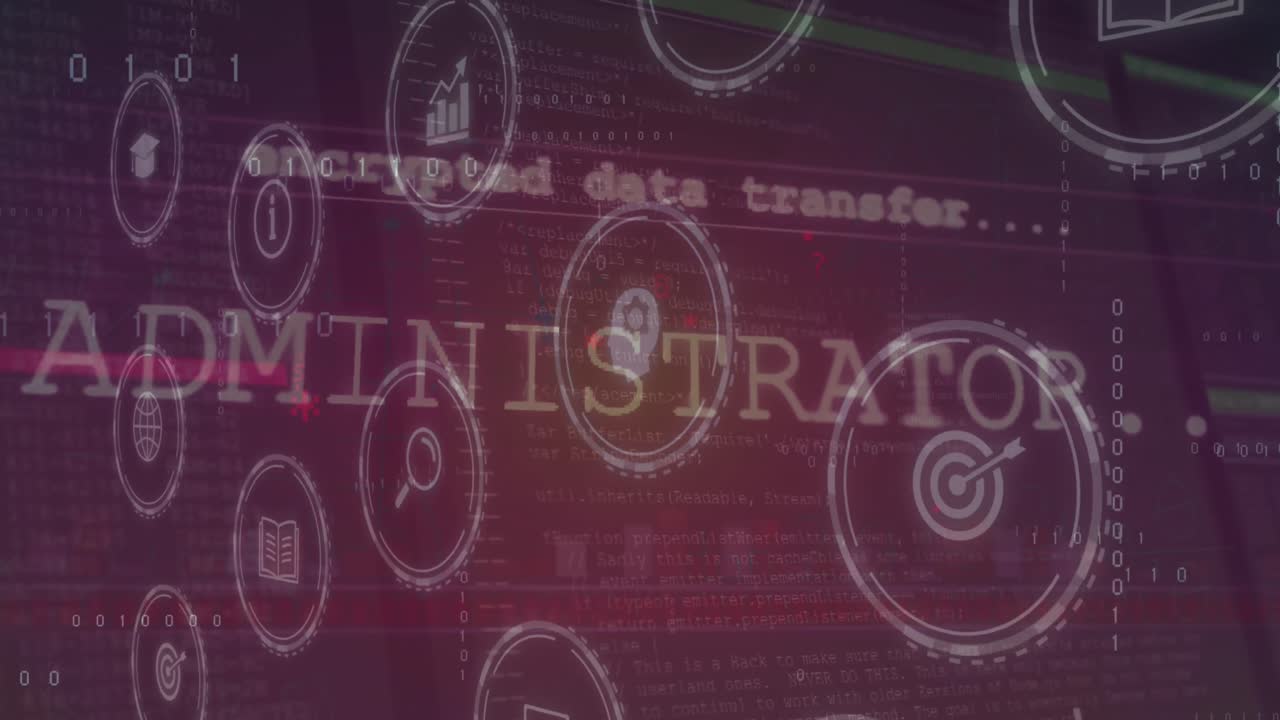 다중 디지털 아이콘의 애니메이션과 분홍색 그라디언트 배경의 데이터 처리 인터페이스