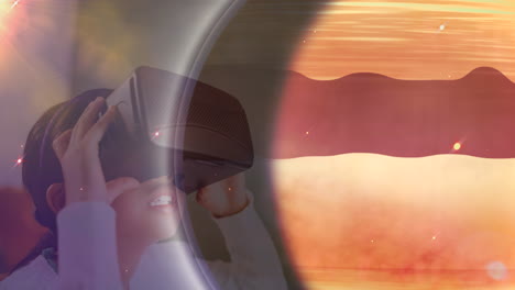 using virtual reality headset, person exploring animation of planet surface