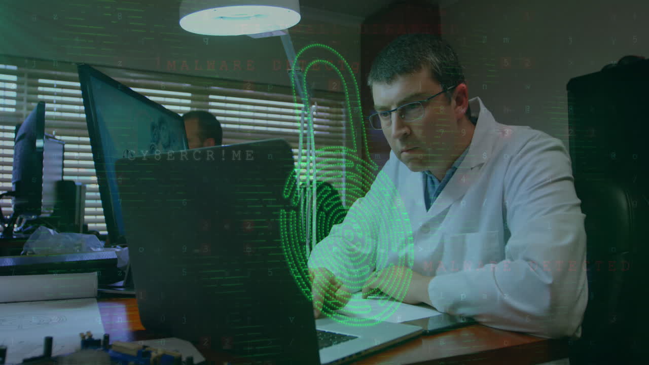 animación de un candado y procesamiento de datos sobre un científico caucásico usando una computadora portátil