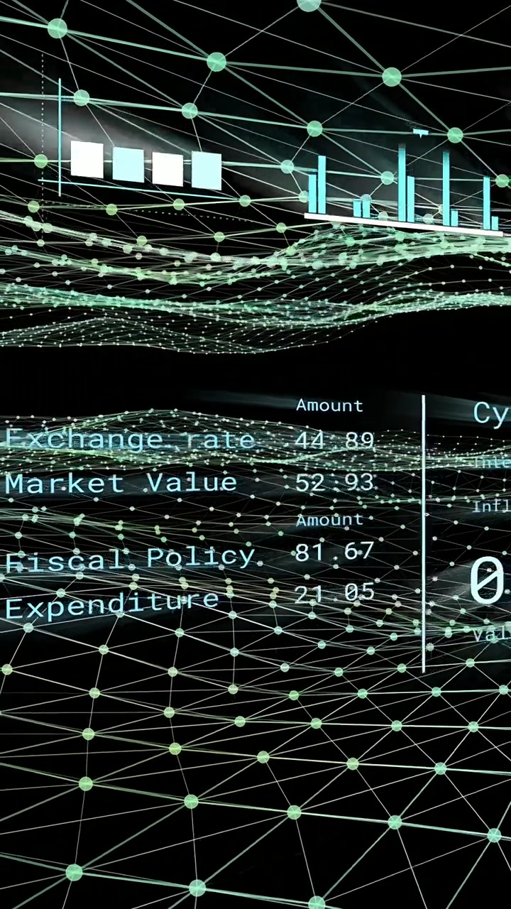 Vertical video: On start mesh and nodes rising, waves moving, metrics changing, showing market data