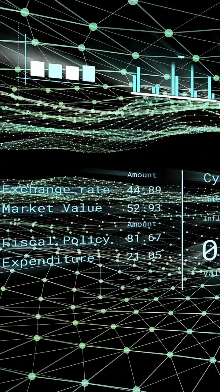 Vertical video: On start mesh and nodes rising, waves moving, metrics changing, showing market data