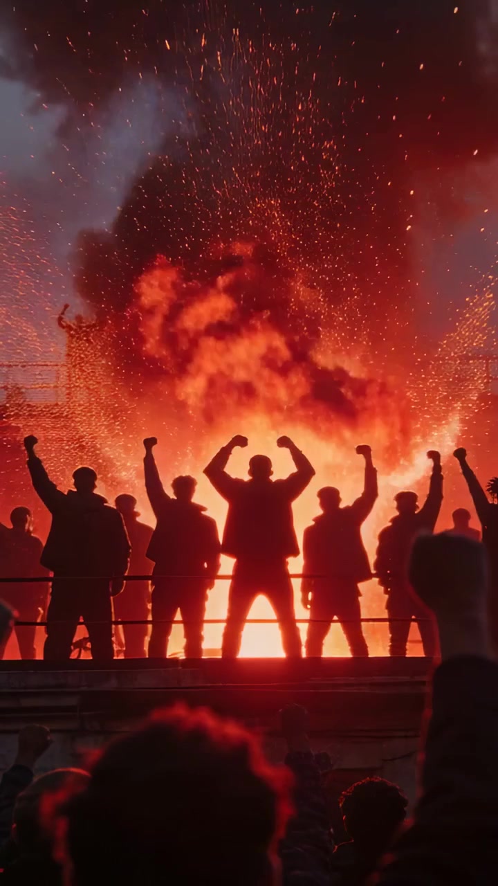 Vertical video: Responding to bonfire flare, row of adults holding fists on stage, jackets, smoke