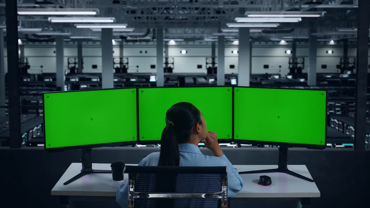 데이터 센터에서 여러 컴퓨터 모니터와 함께 작업하는 동안 무언가에 대해 생각하는 아시아 여성의 뒷면