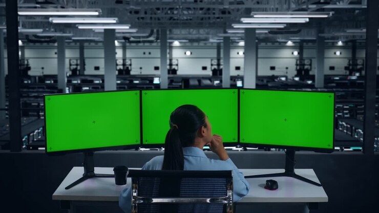 Back View Of Asian Woman Thinking About Something While Working With Mock Up Multiple Computer Monitor In Data Center