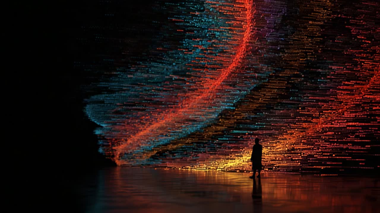 A mesmerizing journey through a vibrant, abstract landscape illuminated by colorful digital waves, showcasing the effect of technology on art and creativity. Captivating visual experience