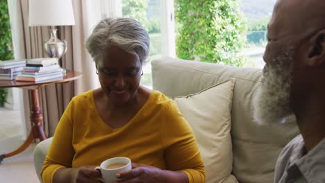 Senior-african-american-couple-talking-and-drinking-tea-in-living-room-at-home