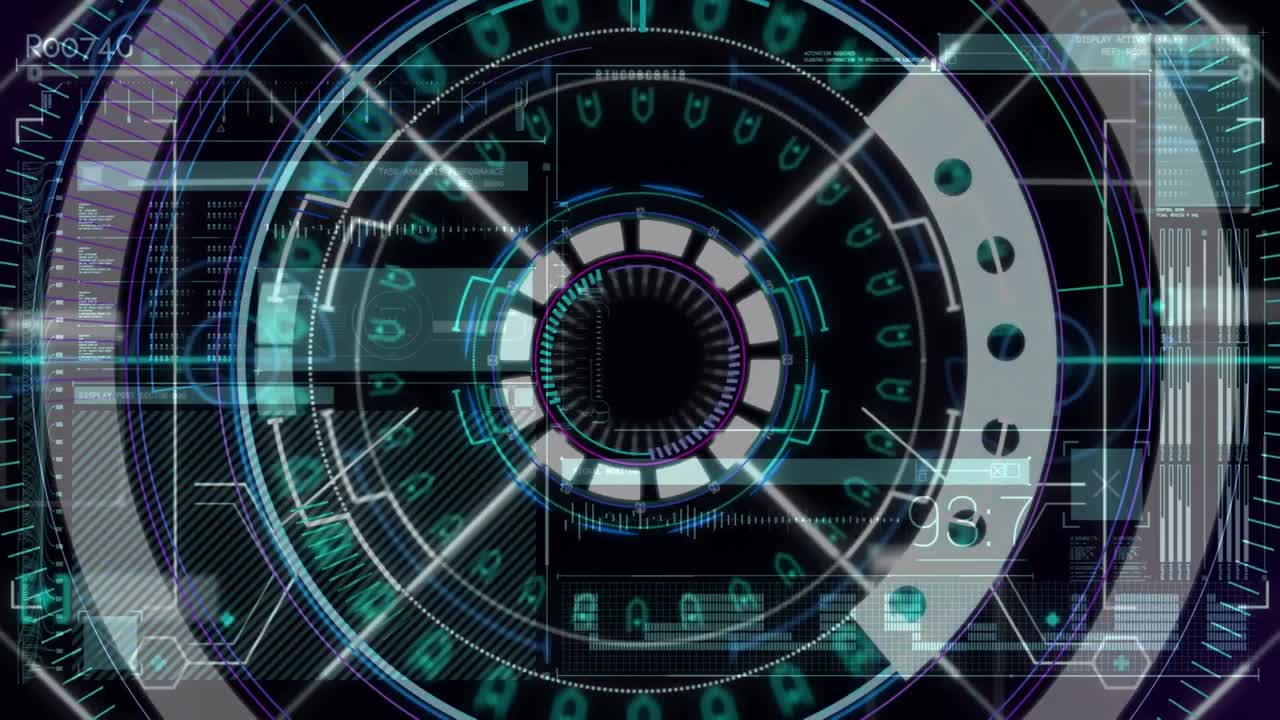 Animation of data processing over scan scope on dark background