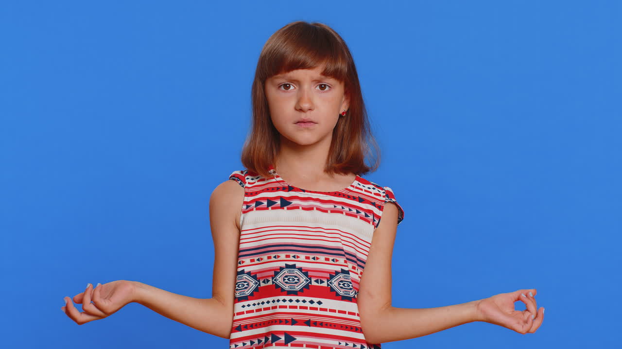 Confused child kid girl feeling embarrassed about ambiguous question no idea clueless uncertain
