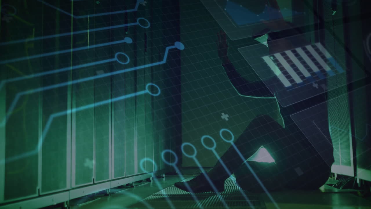 Technician reaching toward server rack inside data center aisle, showcasing glowing circuit overlay