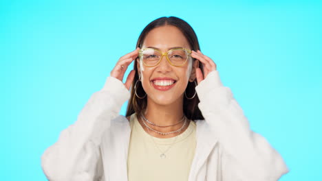 blue background, stylish and face of a woman