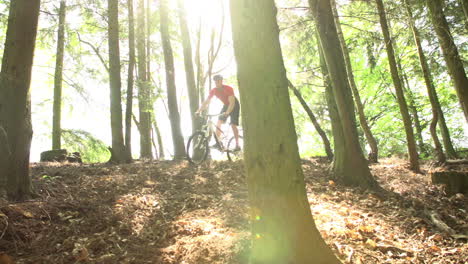 Slow-Motion-Shot-Of-Man-Riding-Mountain-Bike-Through-Woods