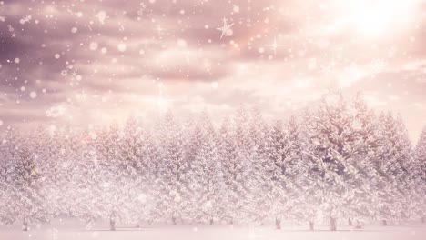 Animation-of-falling-snow-over-trees-on-white-background