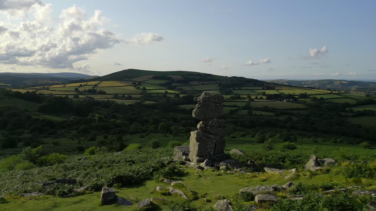 An aerial drone shot of Bowerman's Nose Rock Formation at Dartmoor National Park, Devon