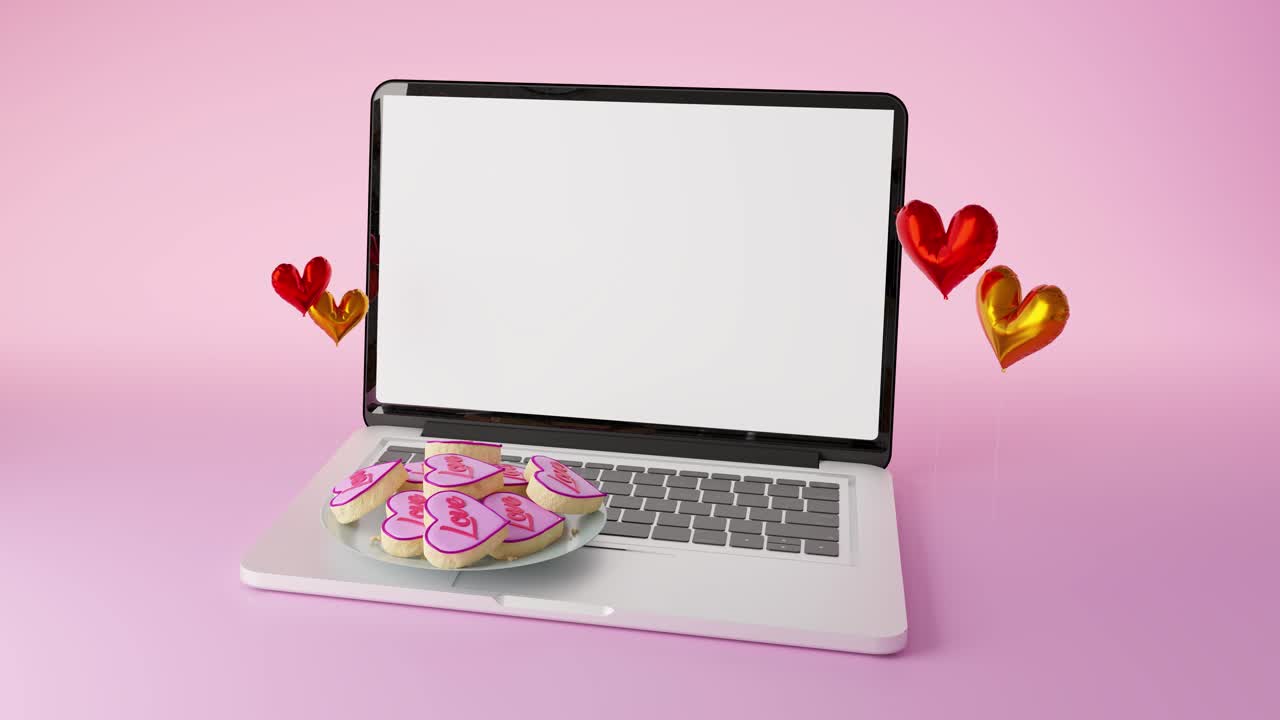 3d animation of open laptop cookie with heart shaped