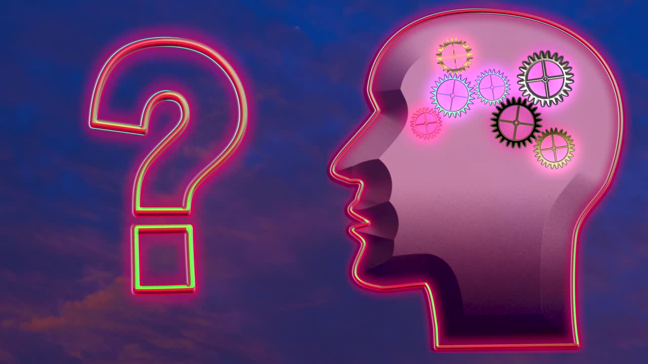 animación de signo de interrogación con cabeza humana con ruedas dentadas giratorias contra el cielo azul y la puesta de sol