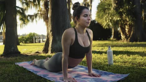 bella joven se concentra en yoga en un parque